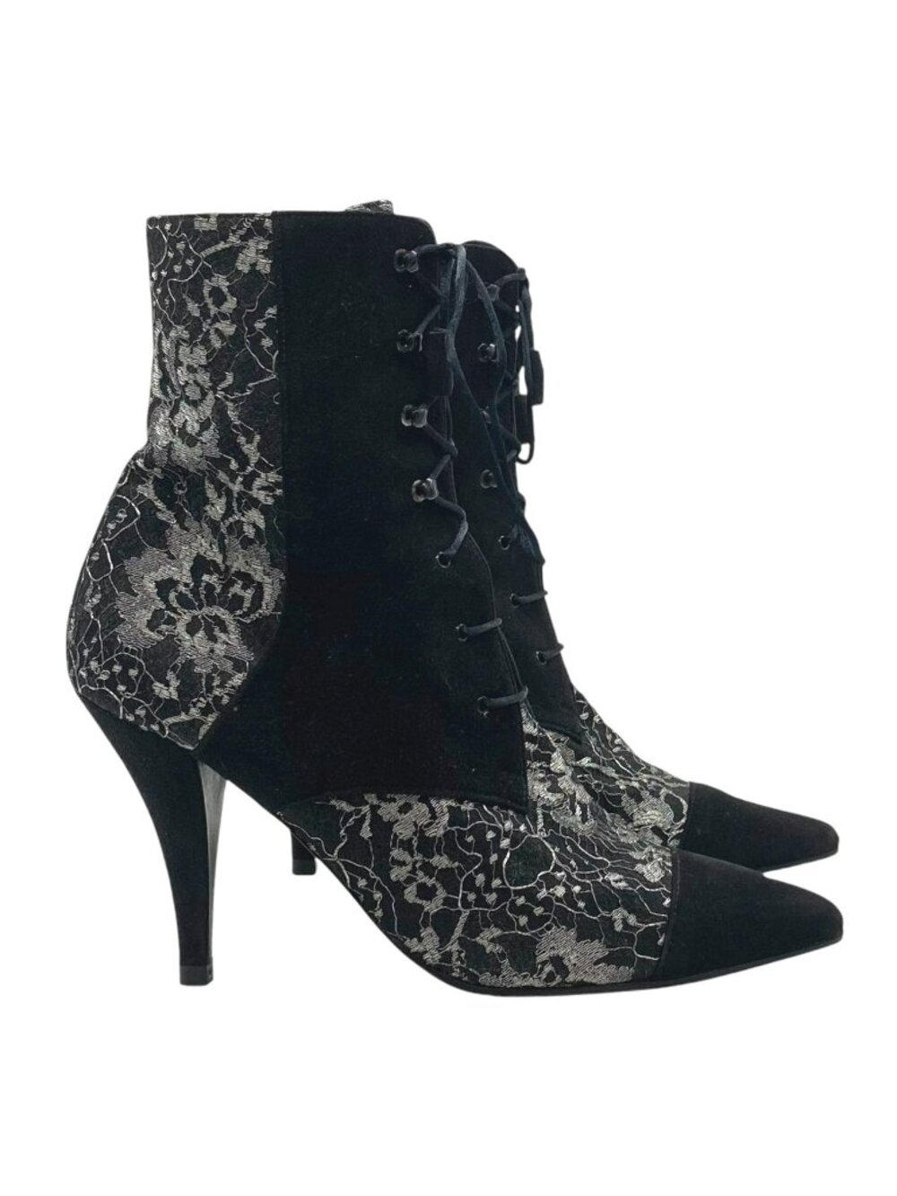 Vintage Charles Jourdan Lace and Velvet Granny Booties 8 Heeled Boots Steampunk